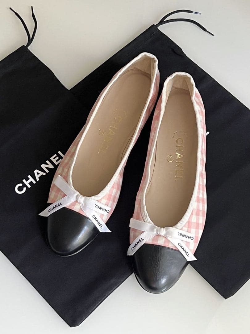 CHANEL シャネル　ギンガム　チェック リボン　フラットシューズ　バレリーナ