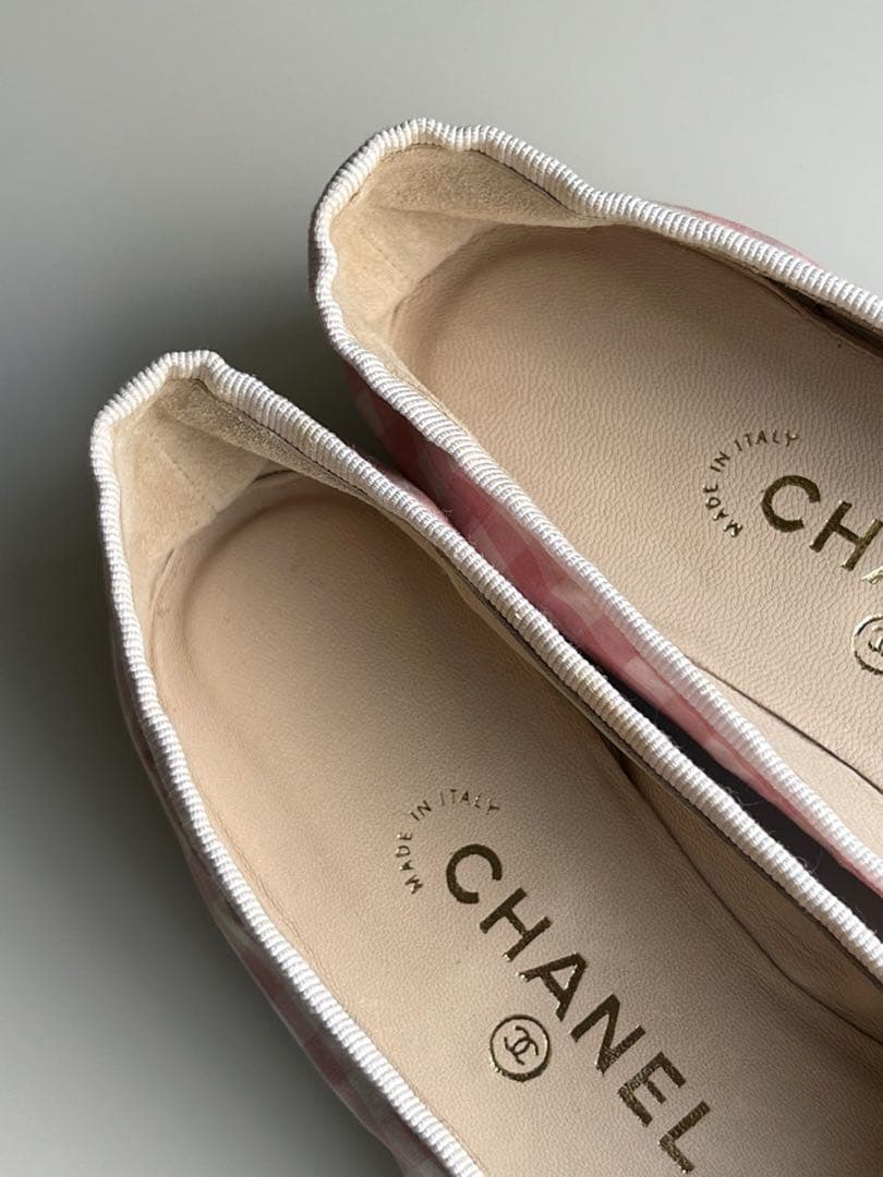 CHANEL シャネル　ギンガム　チェック リボン　フラットシューズ　バレリーナ