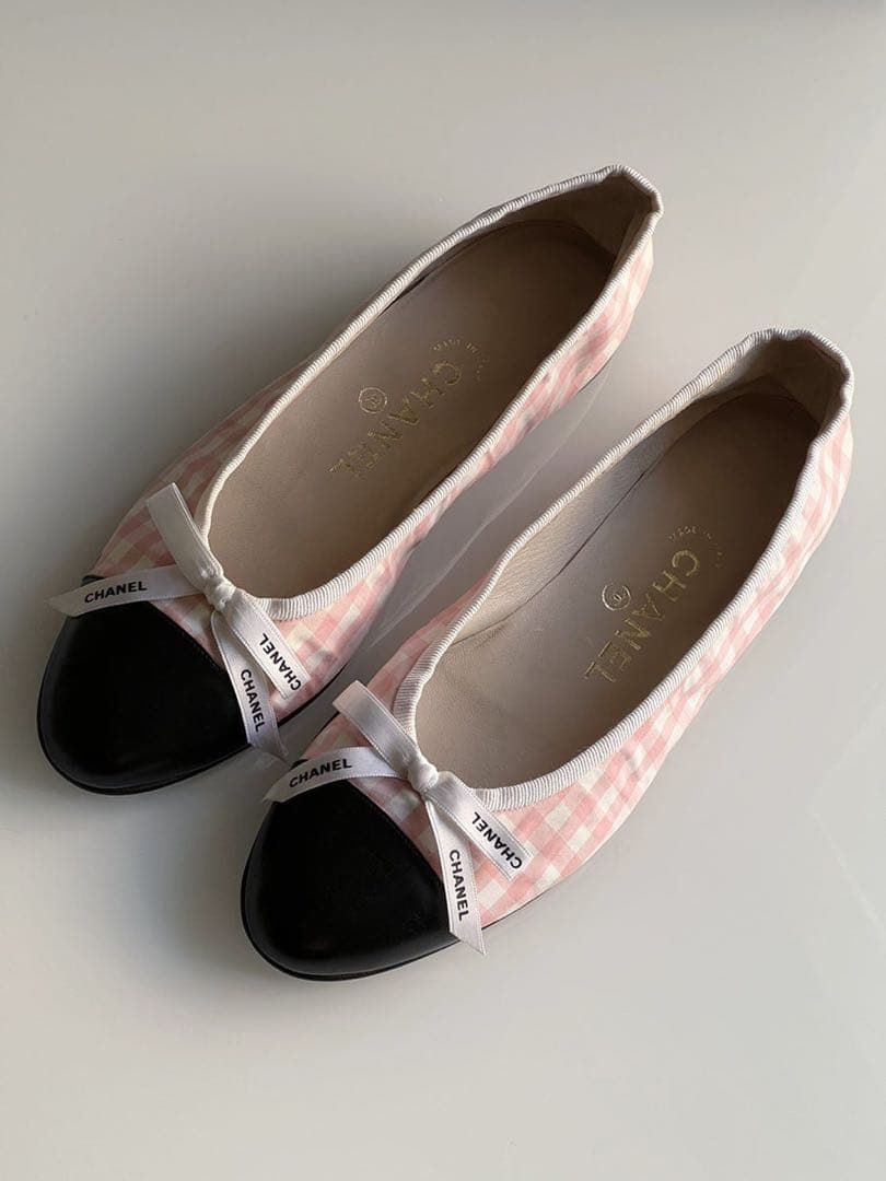 CHANEL シャネル　ギンガム　チェック リボン　フラットシューズ　バレリーナ