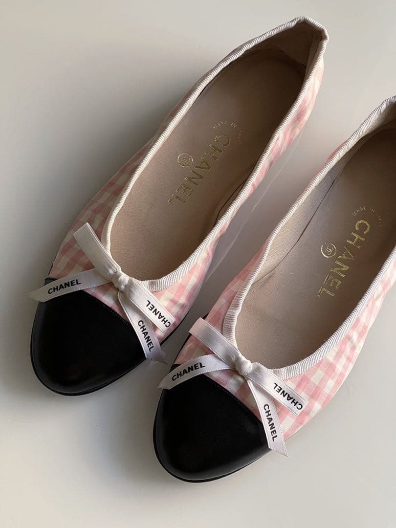 CHANEL シャネル　ギンガム　チェック リボン　フラットシューズ　バレリーナ