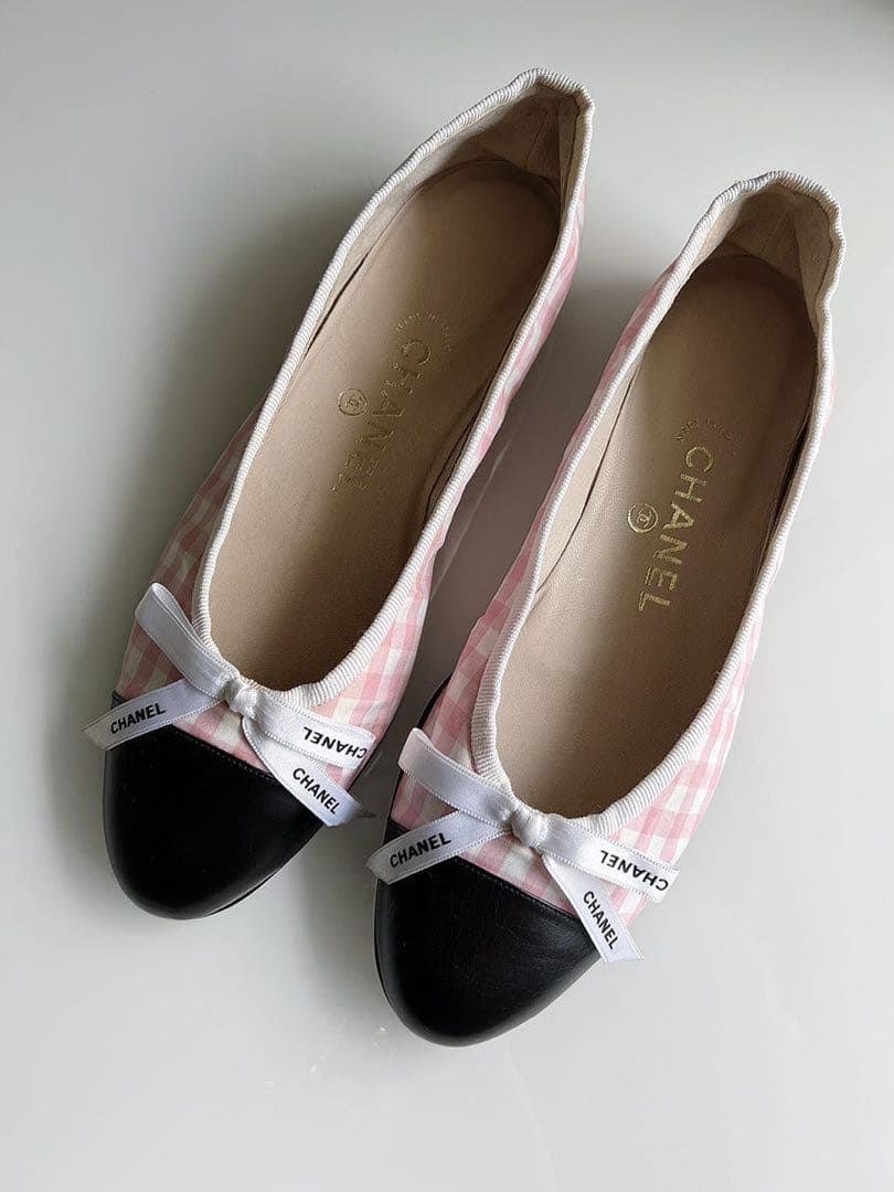 CHANEL シャネル　ギンガム　チェック リボン　フラットシューズ　バレリーナ