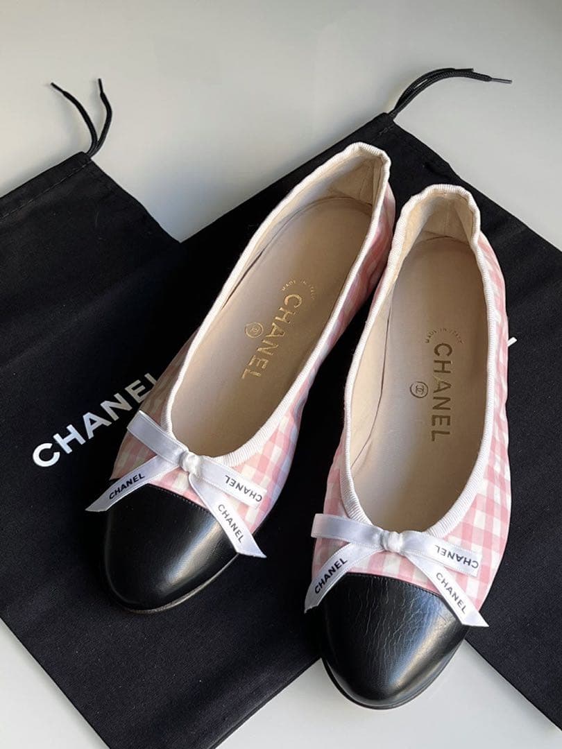 CHANEL シャネル　ギンガム　チェック リボン　フラットシューズ　バレリーナ