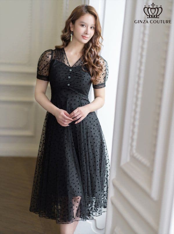 【銀座クチュール】ハートドットチュールパフスリーブ Aラインミディアムドレス