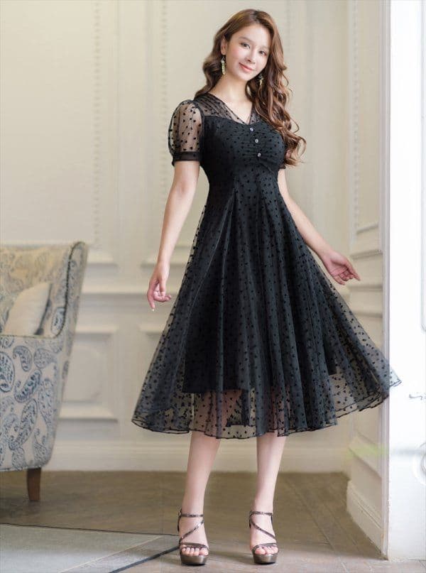 【銀座クチュール】ハートドットチュールパフスリーブ Aラインミディアムドレス