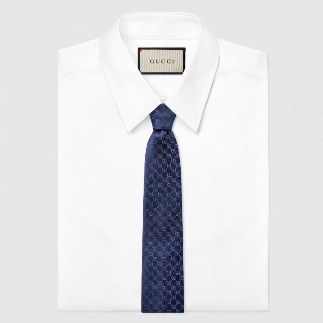 極美品 GUCCI グッチ GG ロゴ ネクタイ シルク 456520 ネイビー