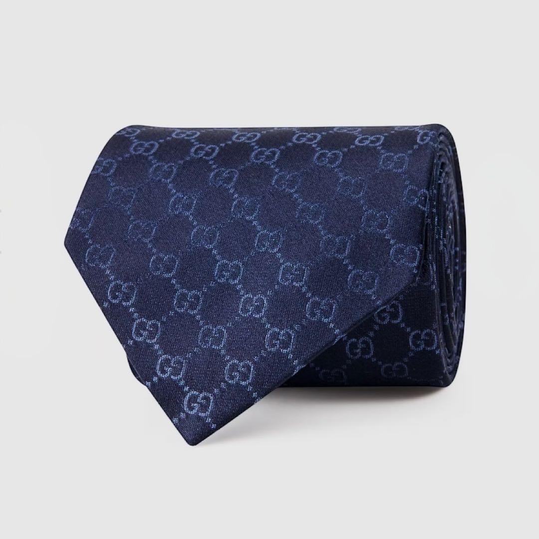 極美品 GUCCI グッチ GG ロゴ ネクタイ シルク 456520 ネイビー