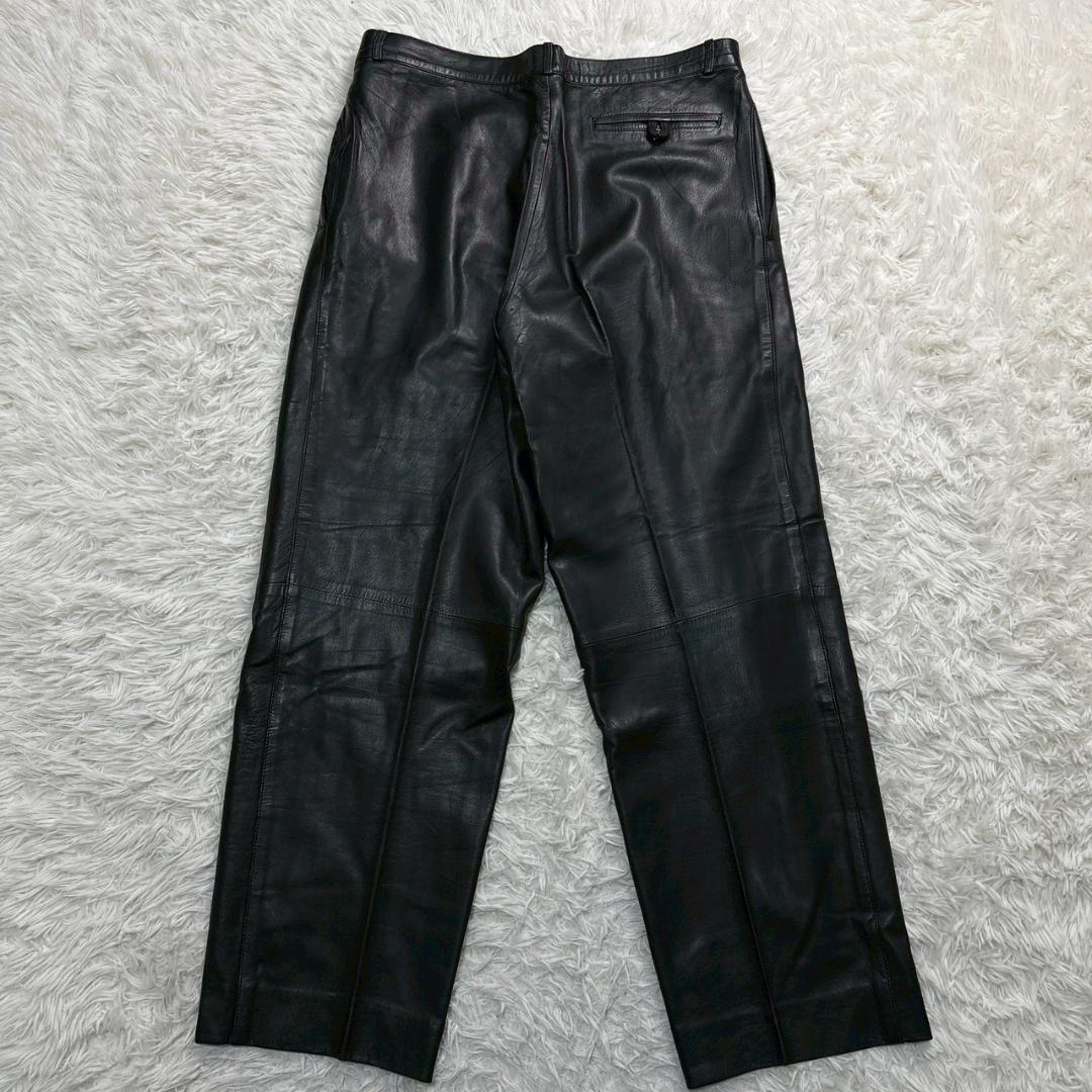 ブラック バイカー 牛革 レザー ワイドパンツ　XXLサイズ