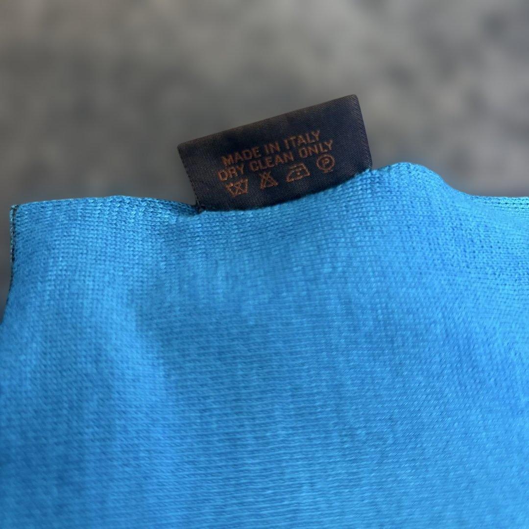 HERMES カシミア　シルク マフラー ブルーブラウン　Hロゴ