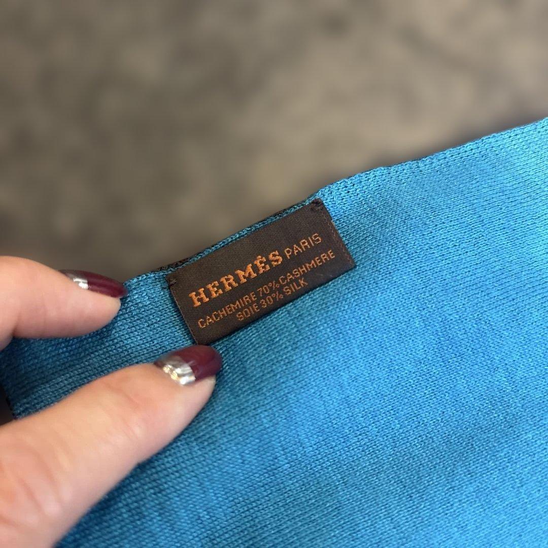 HERMES カシミア　シルク マフラー ブルーブラウン　Hロゴ