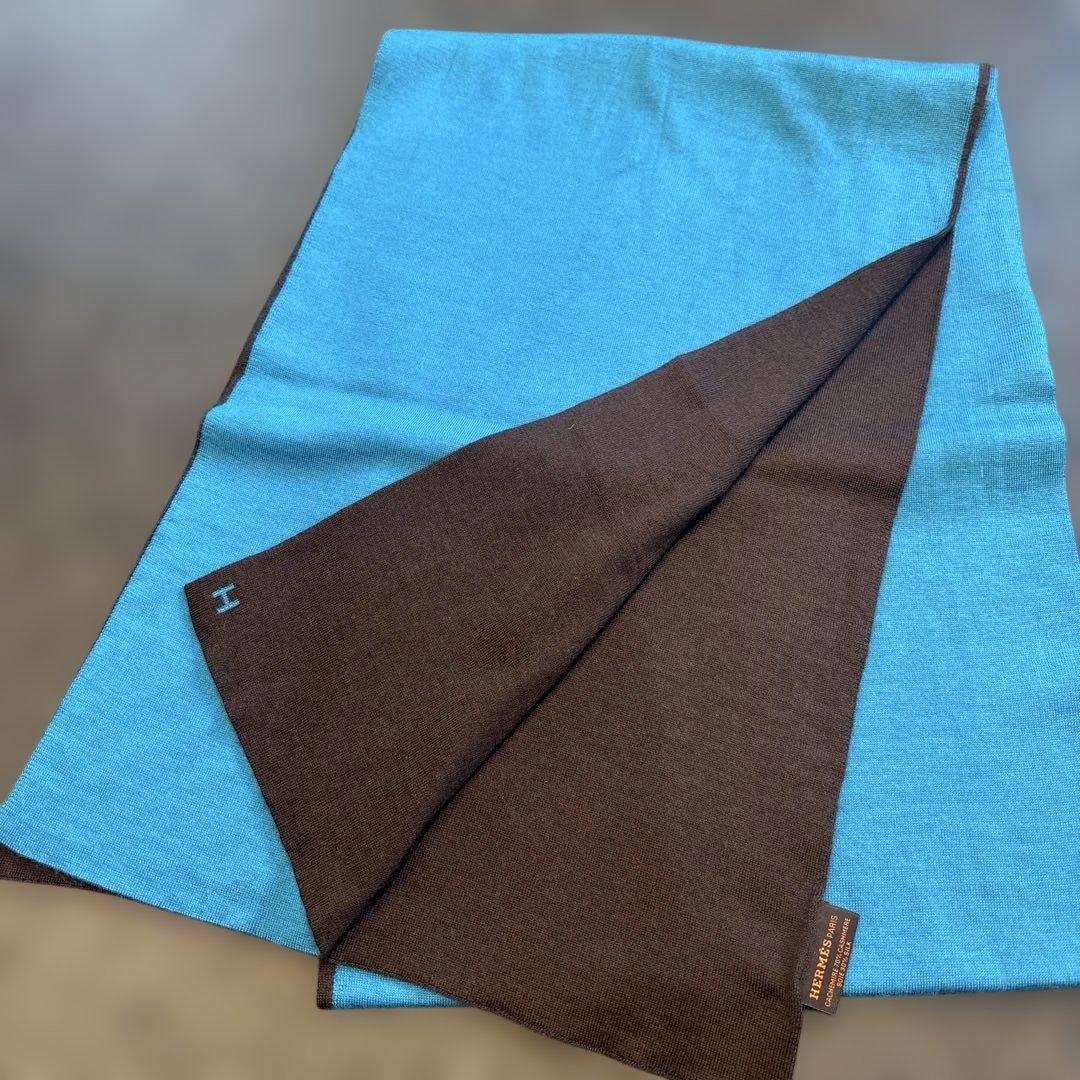 HERMES カシミア　シルク マフラー ブルーブラウン　Hロゴ