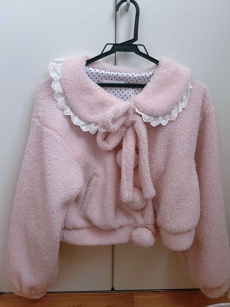 pium コットンレースカラーボアコート ピンク