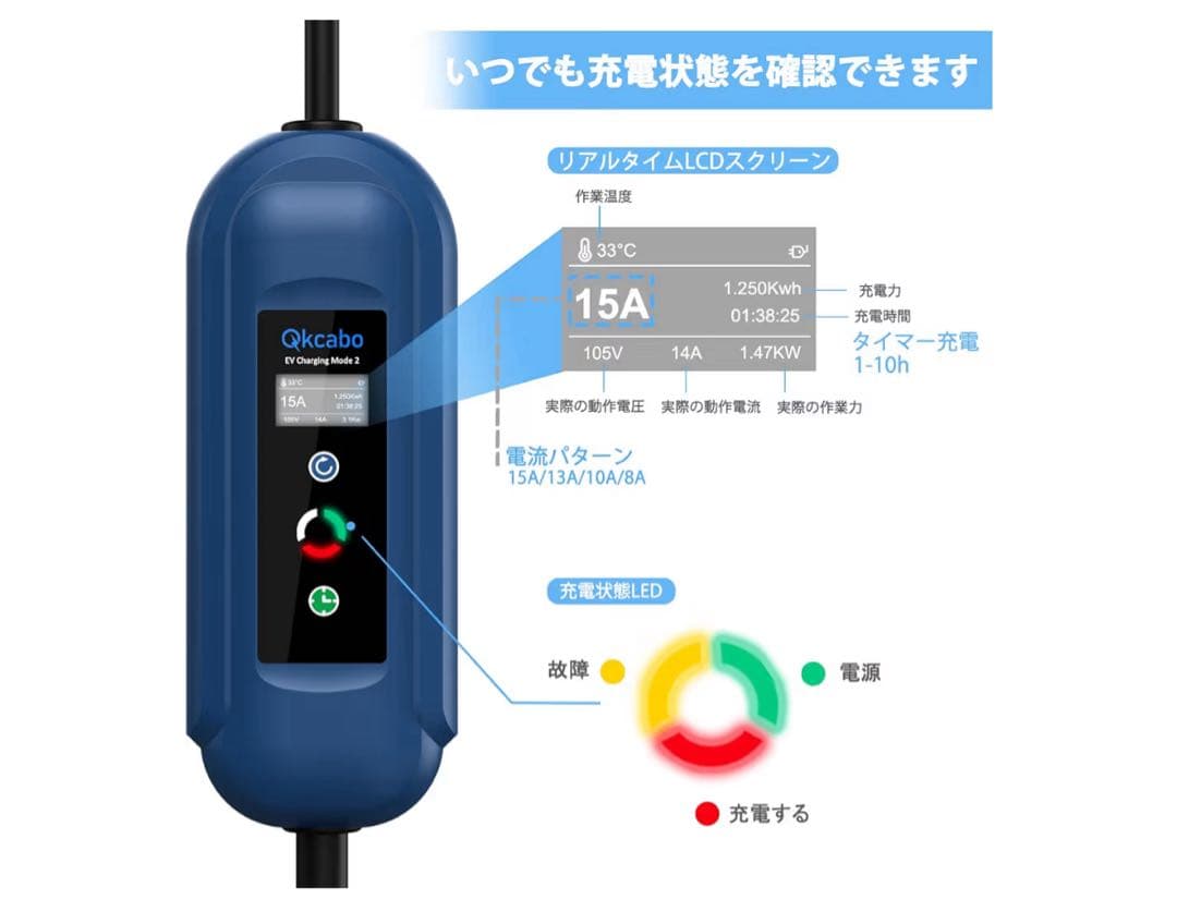 電気自動車 EV充電用ケーブル 100V/200V、8A/10A/13A/15A