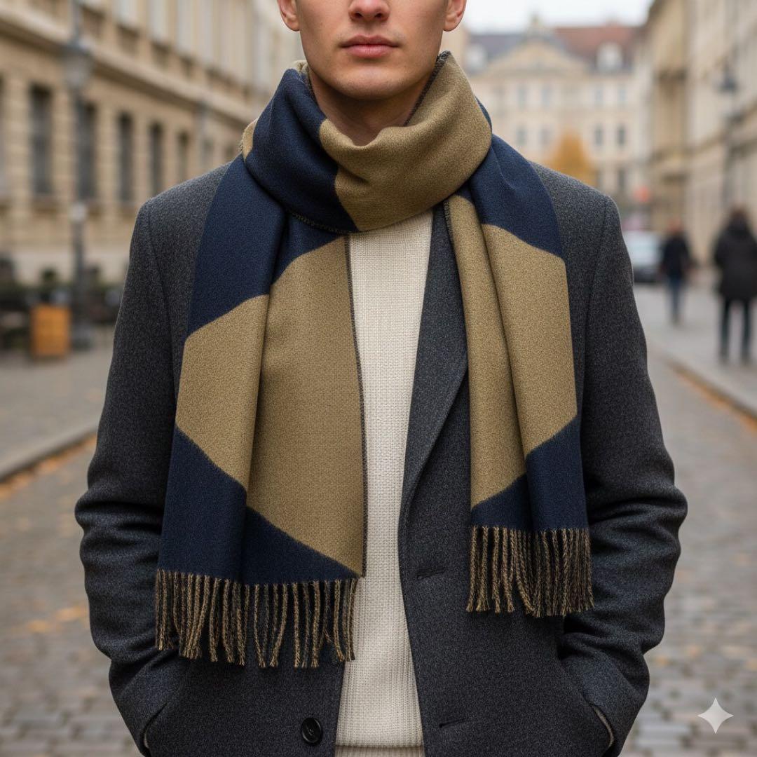 【HERMES】カシミヤ100％マフラー　ネイビー×カーキ✴︎美品✴︎