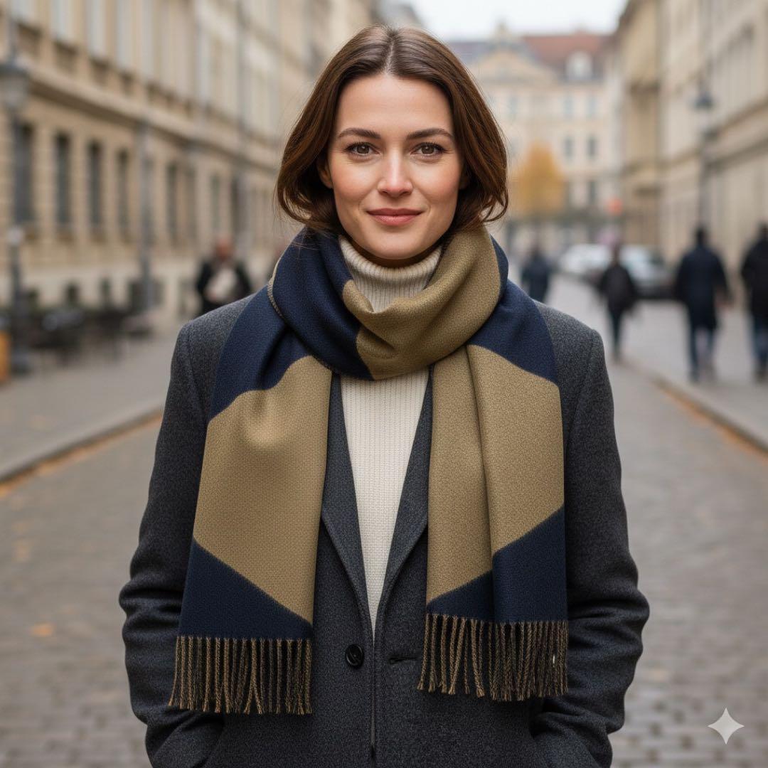 【HERMES】カシミヤ100％マフラー　ネイビー×カーキ✴︎美品✴︎