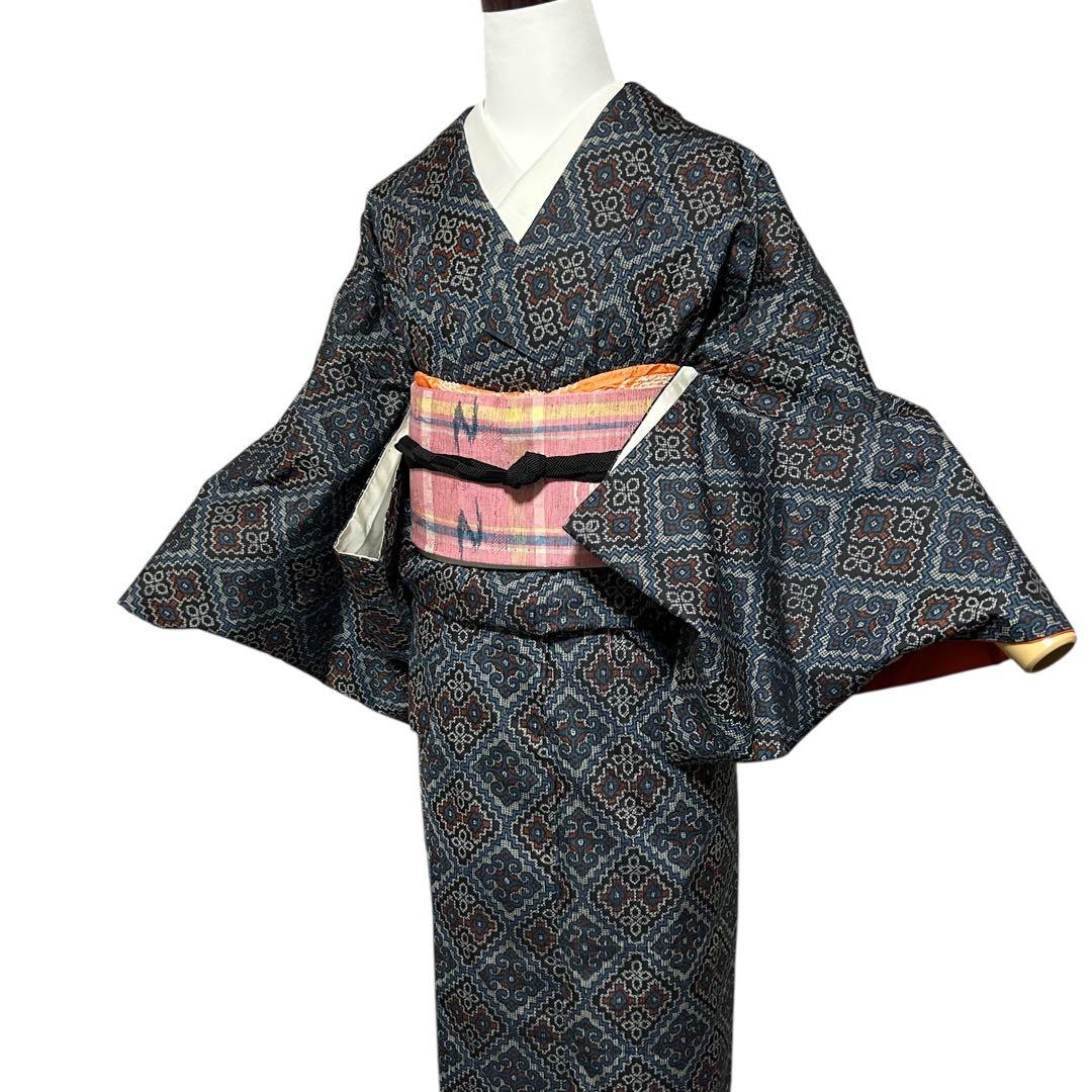ト*ー様 未使用近い　美品　袷　正絹　上質紬　龍郷柄　小紋　フルセット　琉球絣柄