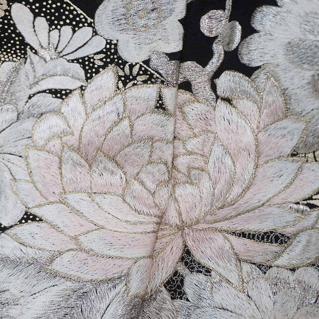 刺繍　銀　華尽くし　正絹黒留袖　フォーマル　結婚式　155cm　a737