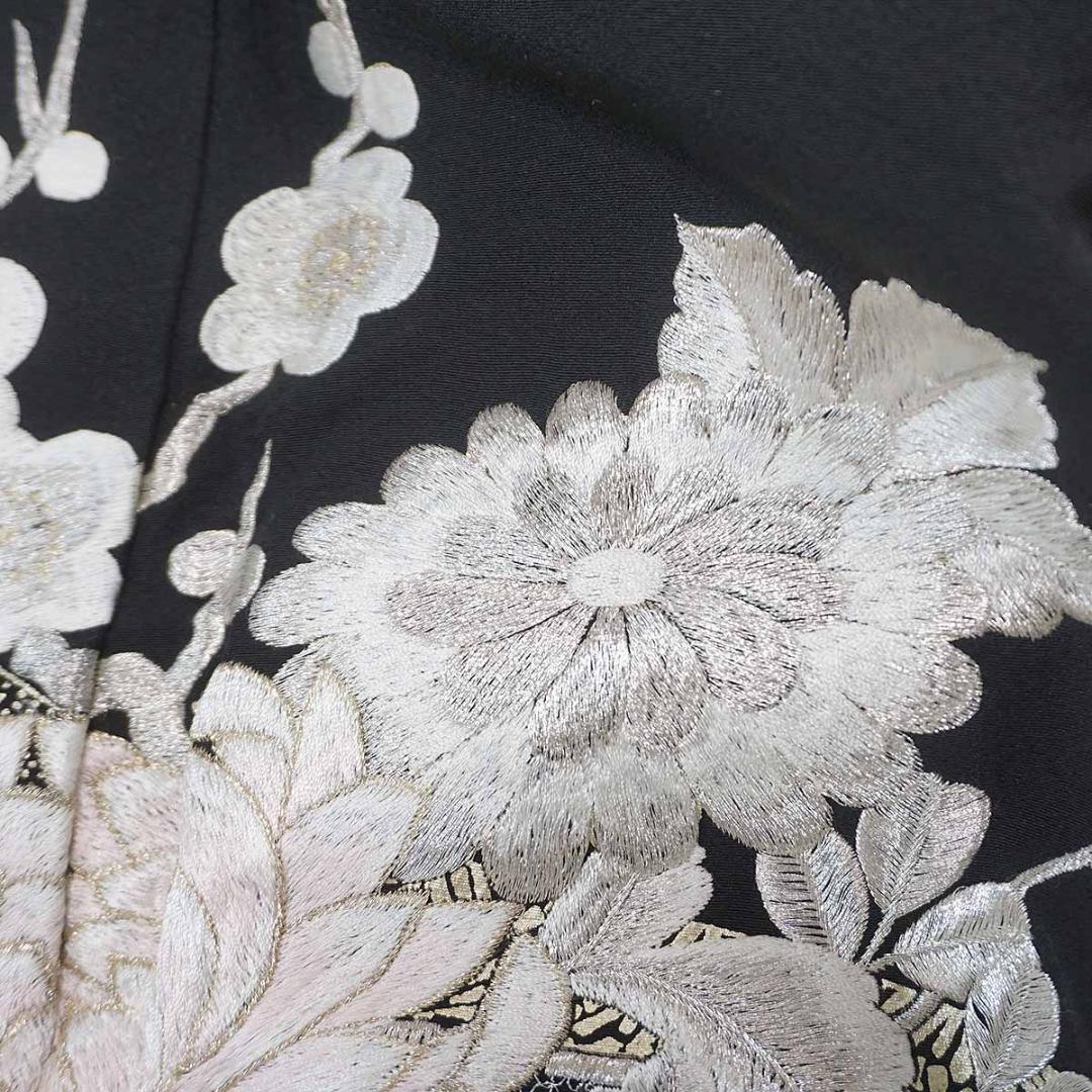 刺繍　銀　華尽くし　正絹黒留袖　フォーマル　結婚式　155cm　a737