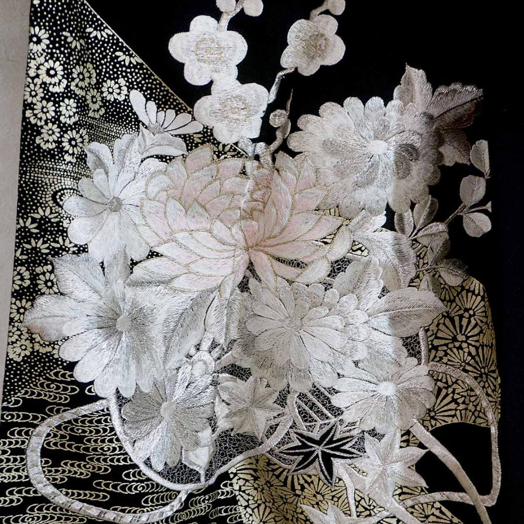 刺繍　銀　華尽くし　正絹黒留袖　フォーマル　結婚式　155cm　a737