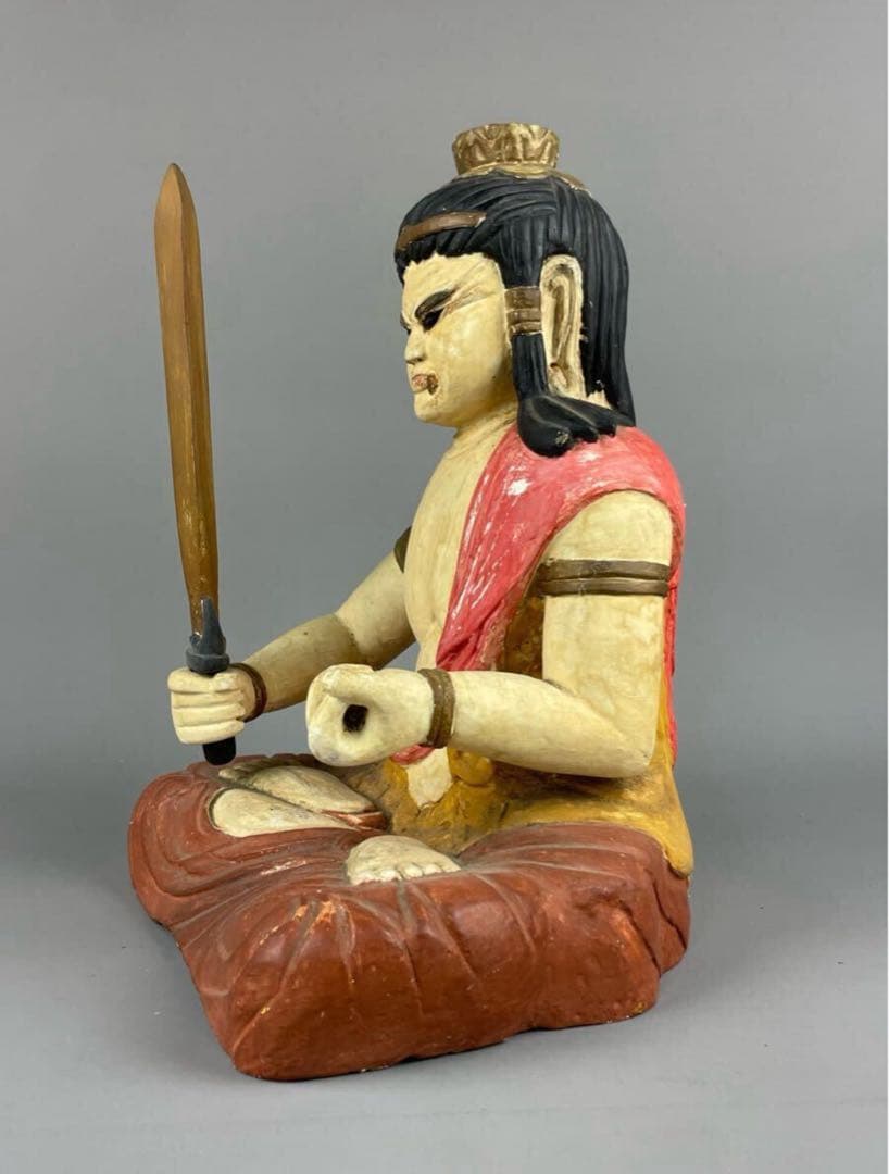 時代物 木彫彩色 不動明王坐像 木製 骨董品 古美術品 置物 東洋彫刻