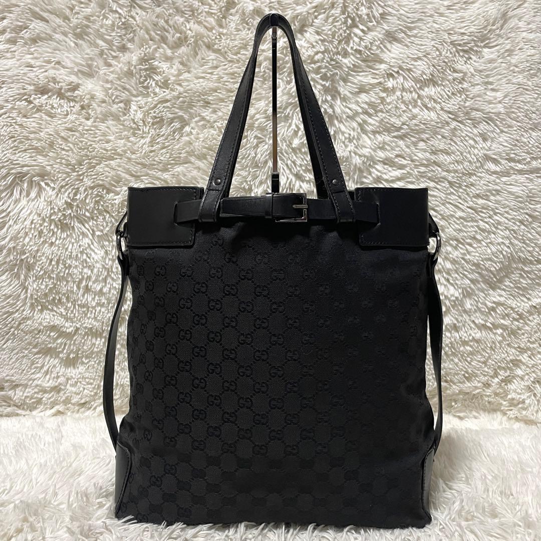 【美品】GUCCI グッチ　トートバッグ　キャンバス　レザー　ブラック　大容量