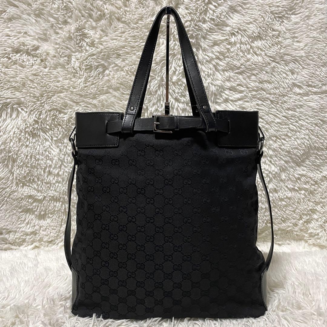 【美品】GUCCI グッチ　トートバッグ　キャンバス　レザー　ブラック　大容量