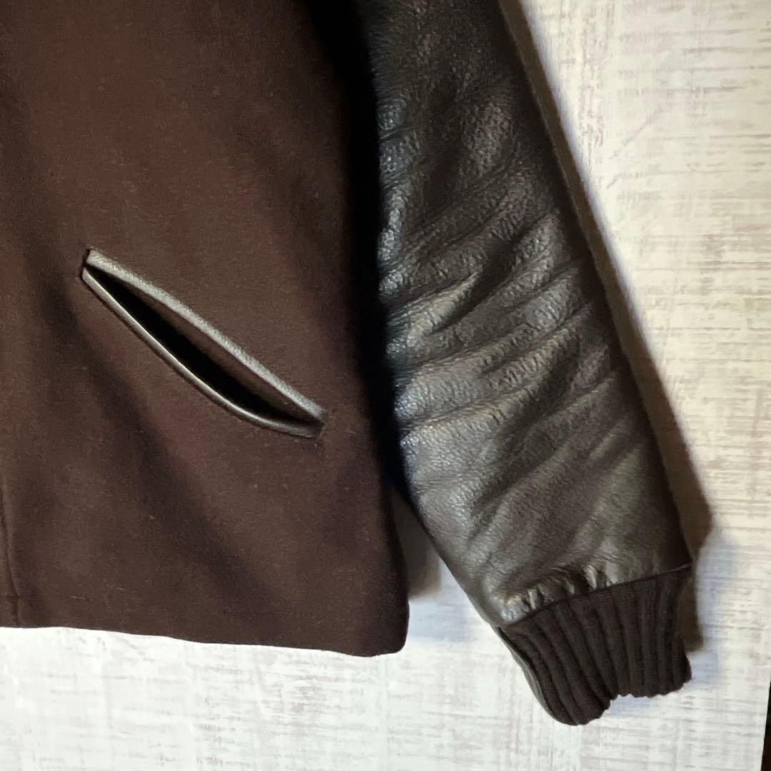 USA製 ウールスタジャン 袖レザー 茶 裏地キルティング ハイネック リブ M