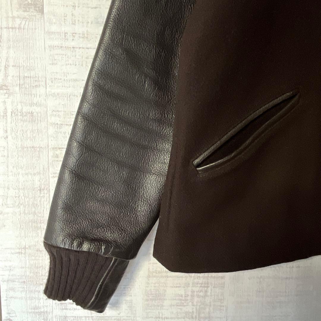 USA製 ウールスタジャン 袖レザー 茶 裏地キルティング ハイネック リブ M