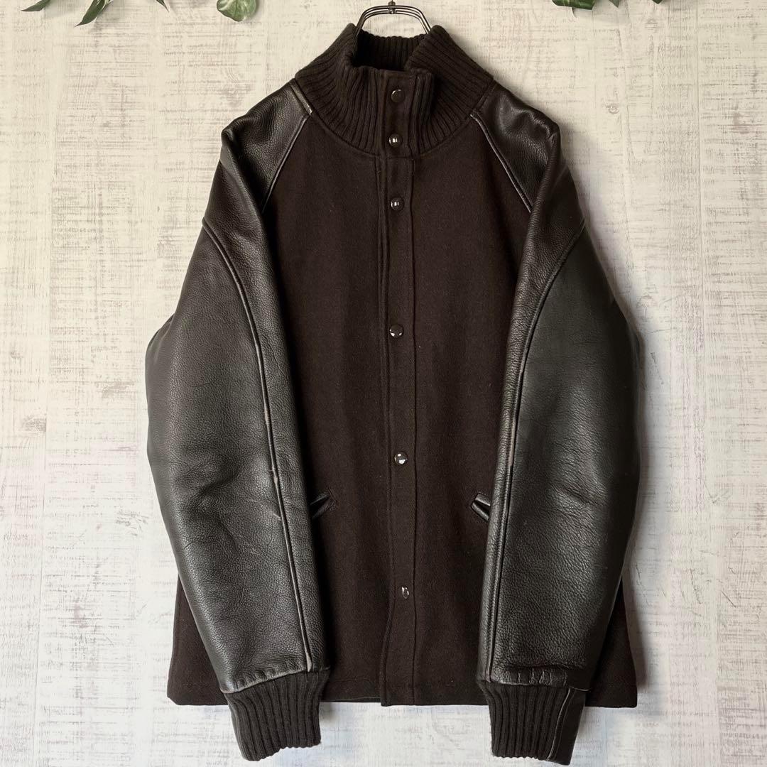 USA製 ウールスタジャン 袖レザー 茶 裏地キルティング ハイネック リブ M