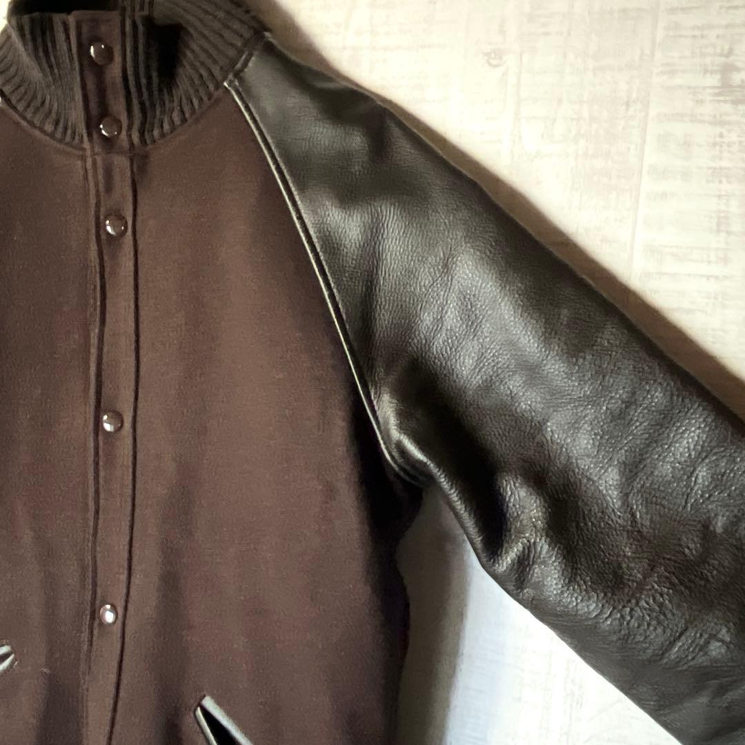 USA製 ウールスタジャン 袖レザー 茶 裏地キルティング ハイネック リブ M