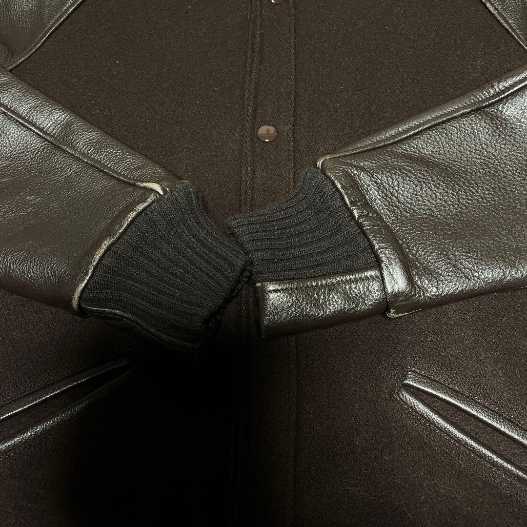 USA製 ウールスタジャン 袖レザー 茶 裏地キルティング ハイネック リブ M