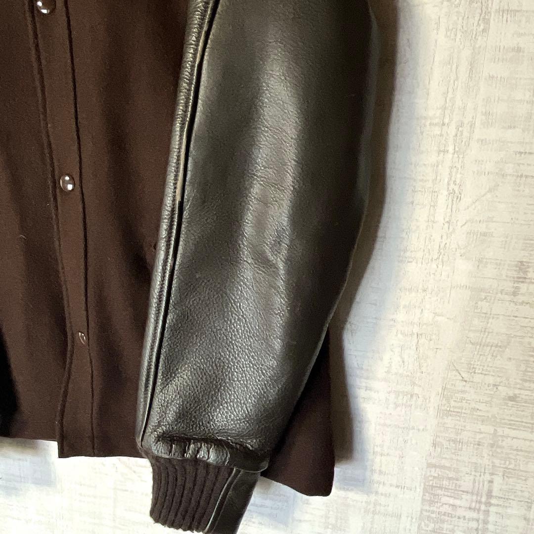 USA製 ウールスタジャン 袖レザー 茶 裏地キルティング ハイネック リブ M