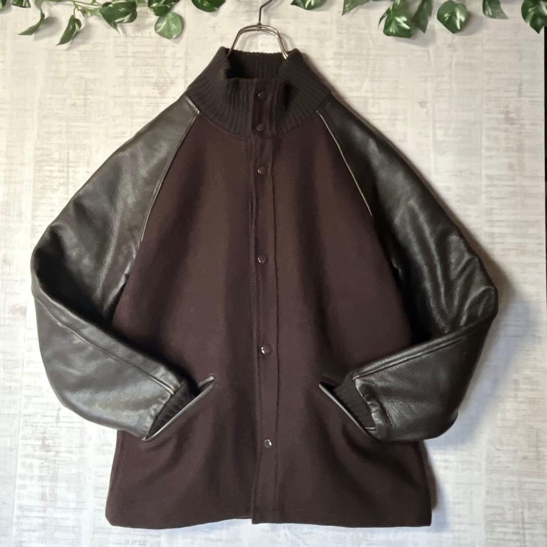 USA製 ウールスタジャン 袖レザー 茶 裏地キルティング ハイネック リブ M