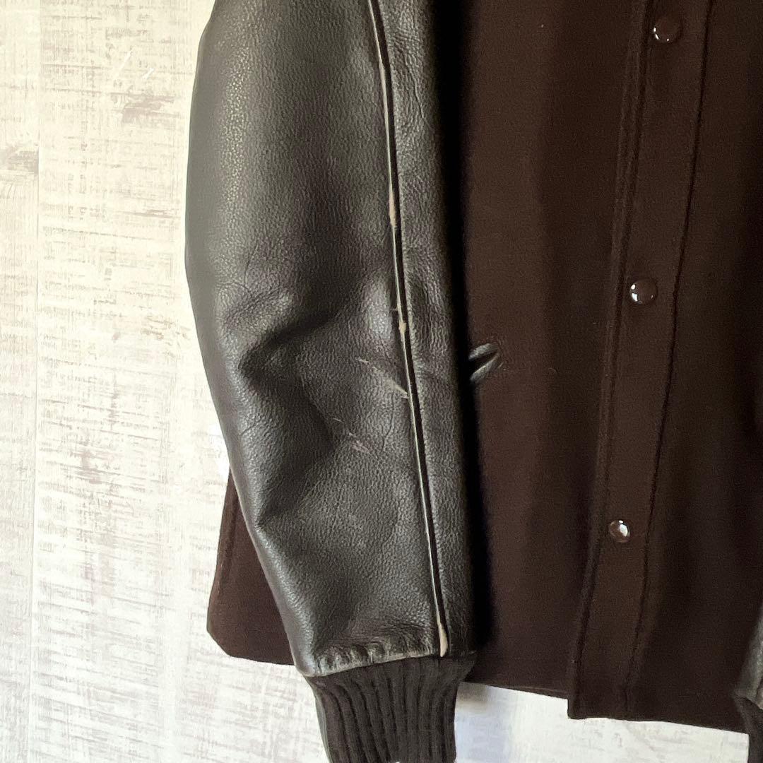 USA製 ウールスタジャン 袖レザー 茶 裏地キルティング ハイネック リブ M