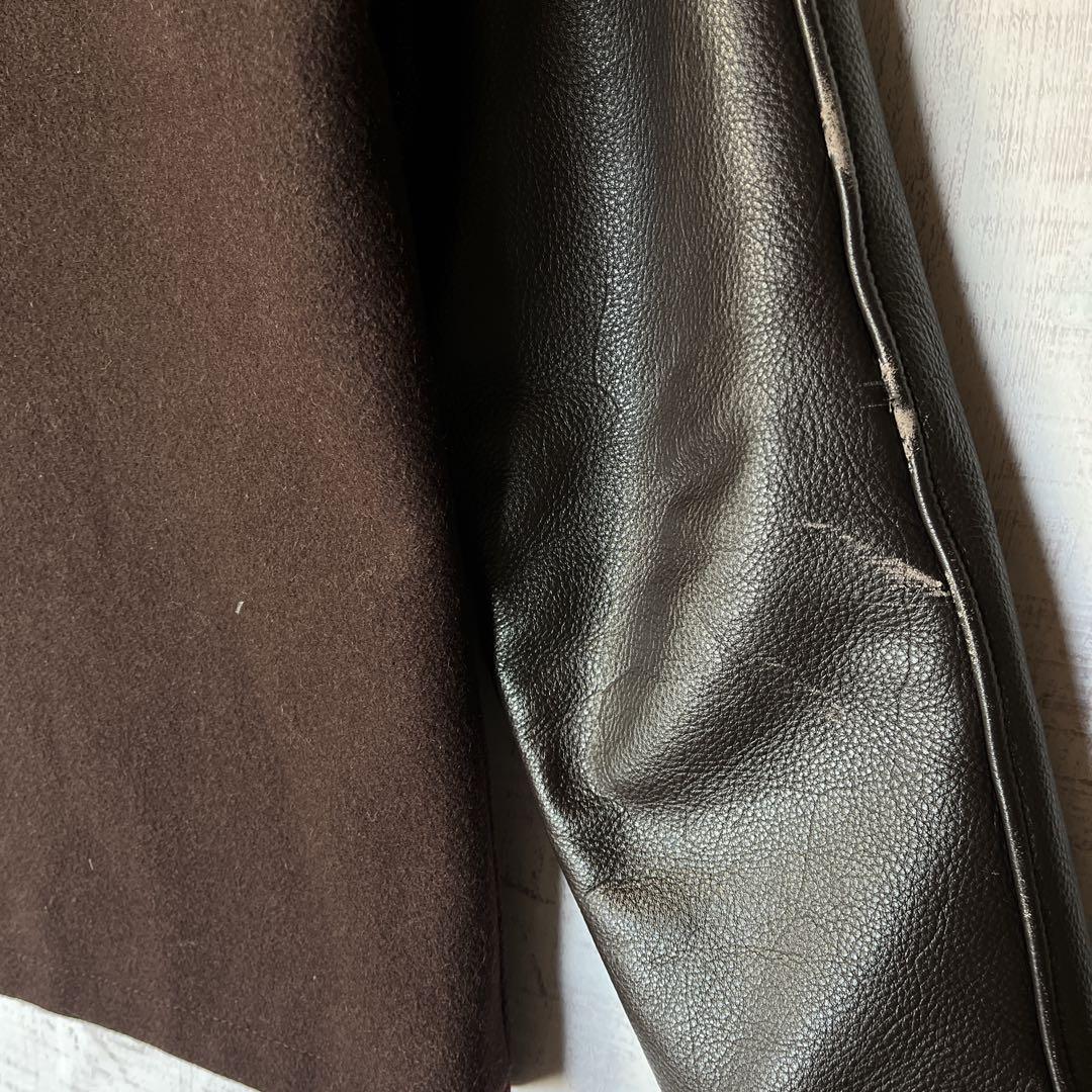 USA製 ウールスタジャン 袖レザー 茶 裏地キルティング ハイネック リブ M