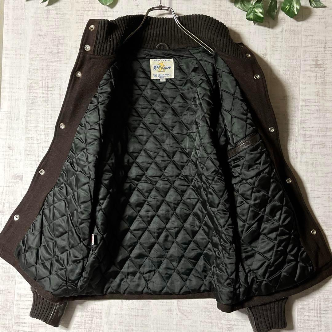 USA製 ウールスタジャン 袖レザー 茶 裏地キルティング ハイネック リブ M