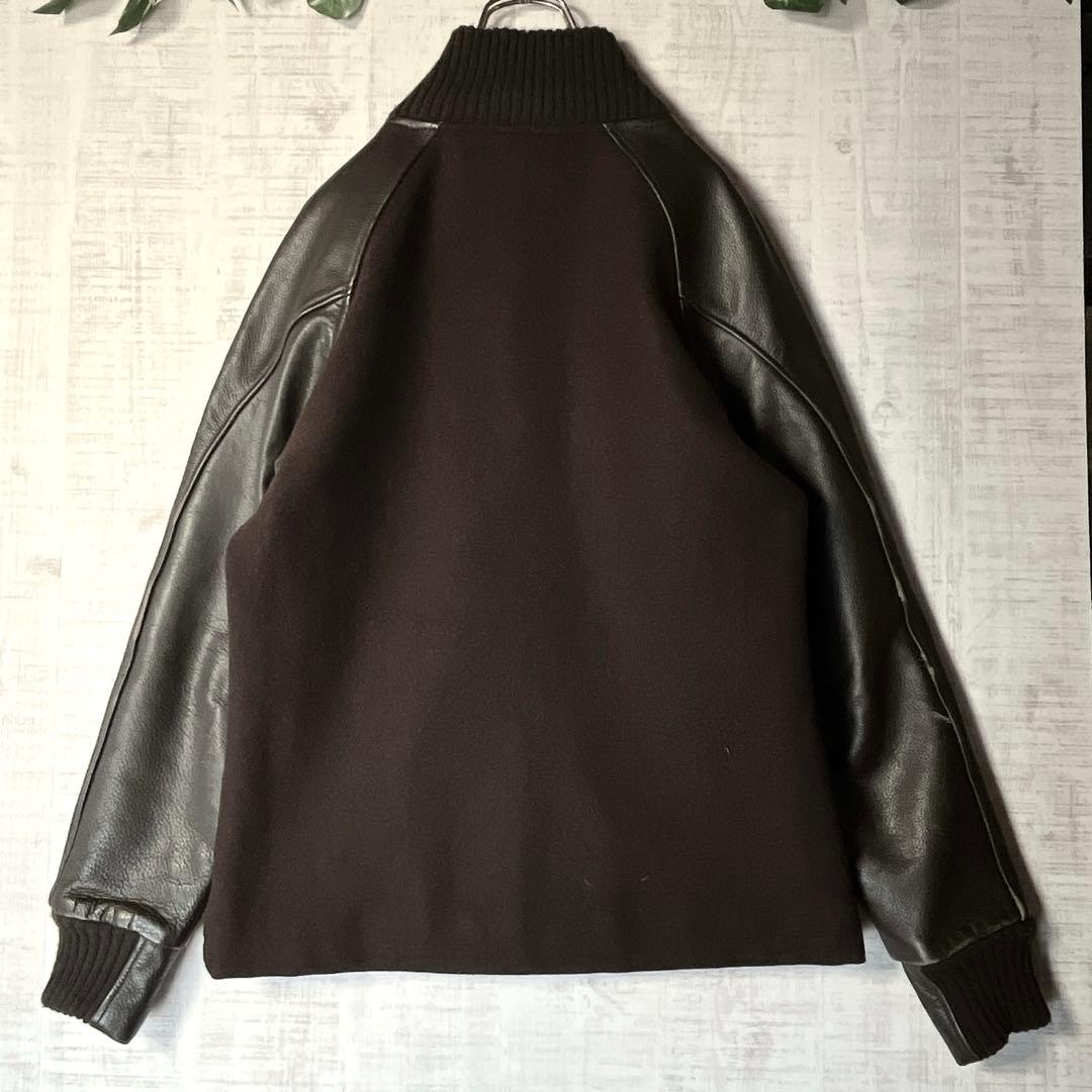 USA製 ウールスタジャン 袖レザー 茶 裏地キルティング ハイネック リブ M