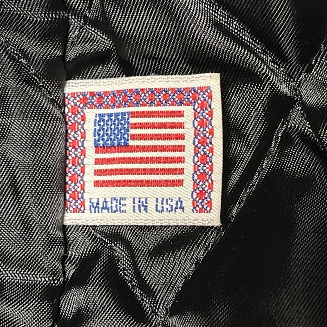 USA製 ウールスタジャン 袖レザー 茶 裏地キルティング ハイネック リブ M