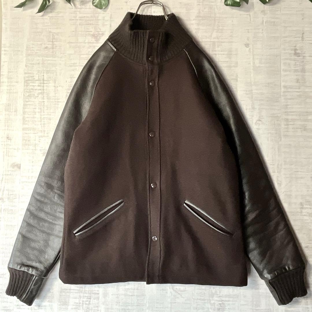 USA製 ウールスタジャン 袖レザー 茶 裏地キルティング ハイネック リブ M