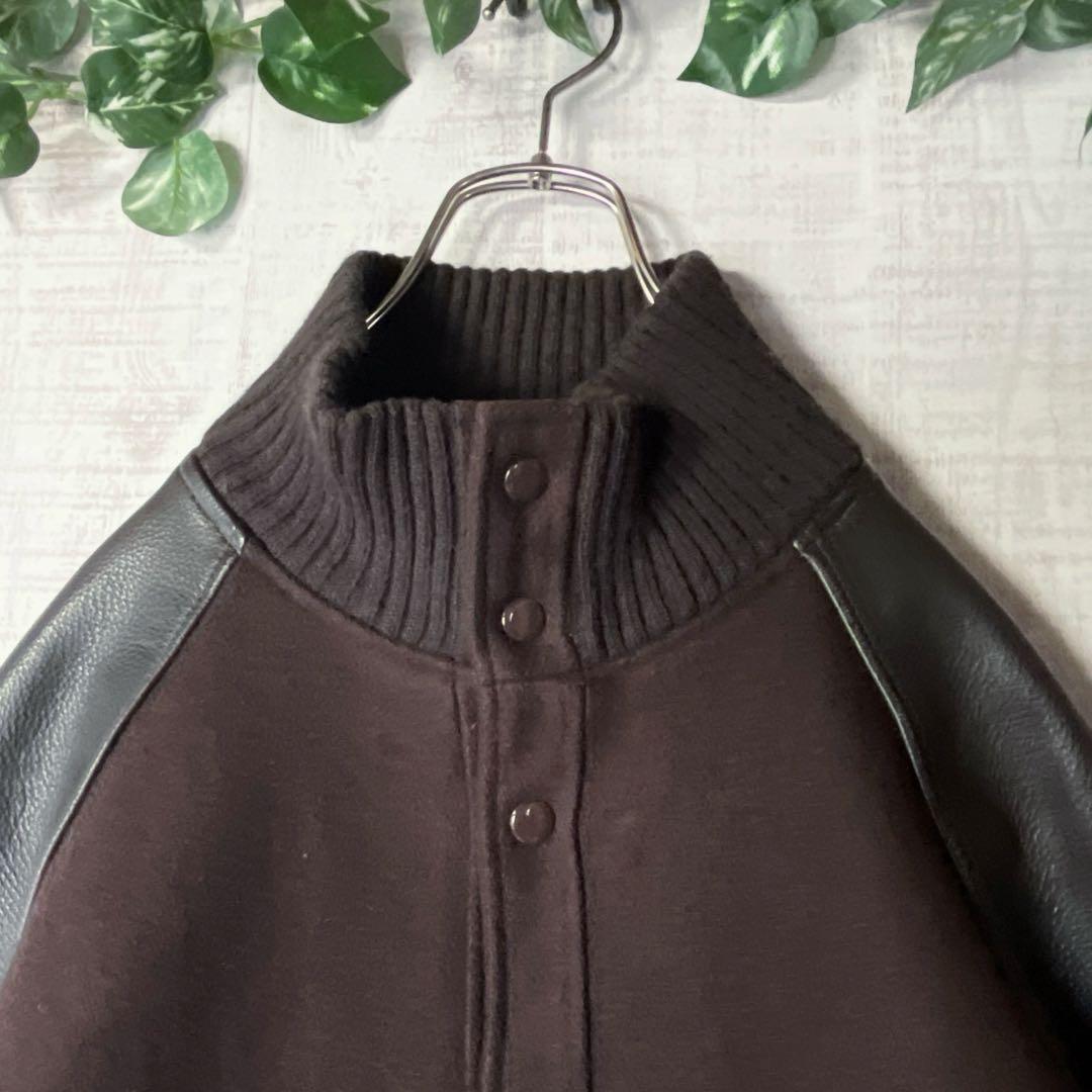 USA製 ウールスタジャン 袖レザー 茶 裏地キルティング ハイネック リブ M