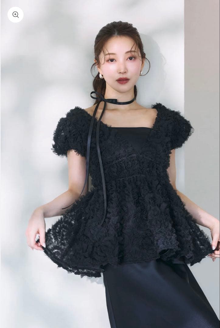polaura ポローラ フラワーペプラムバックリボンチュニック　black