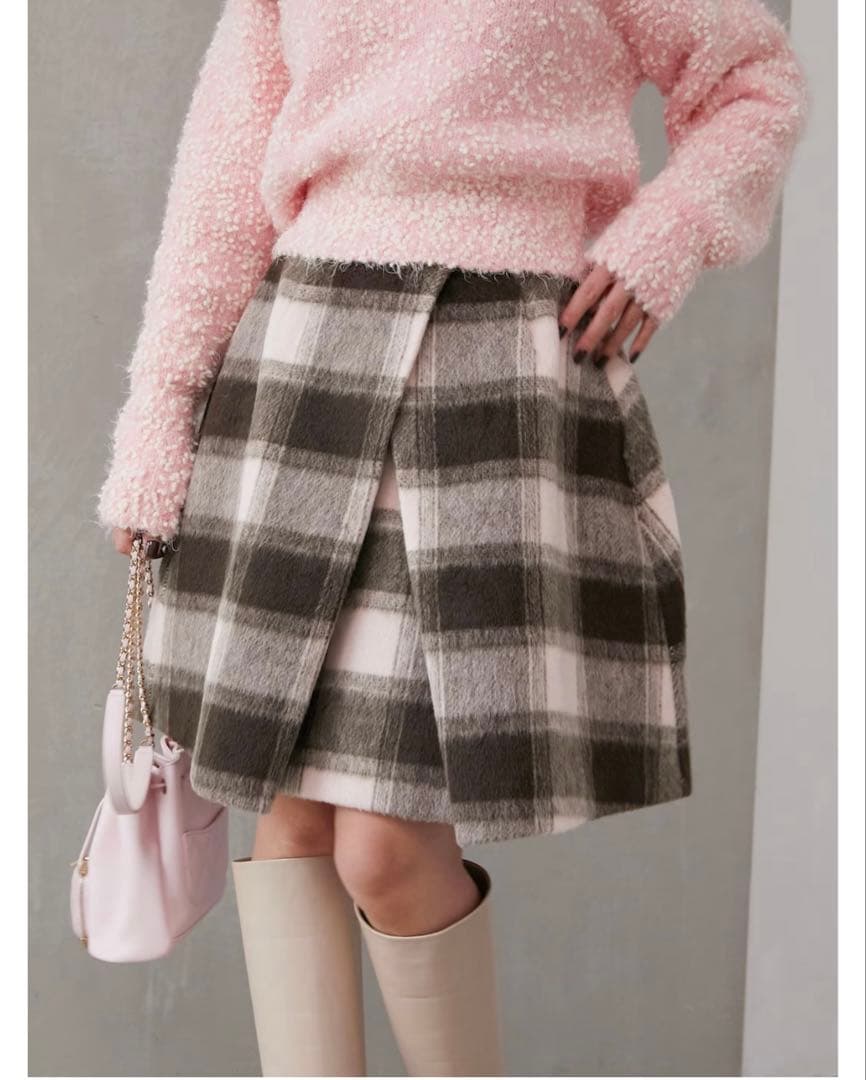 タグ付き新品未使用、obli、オブリ、シャギーブロックチェックスカート、ピンク