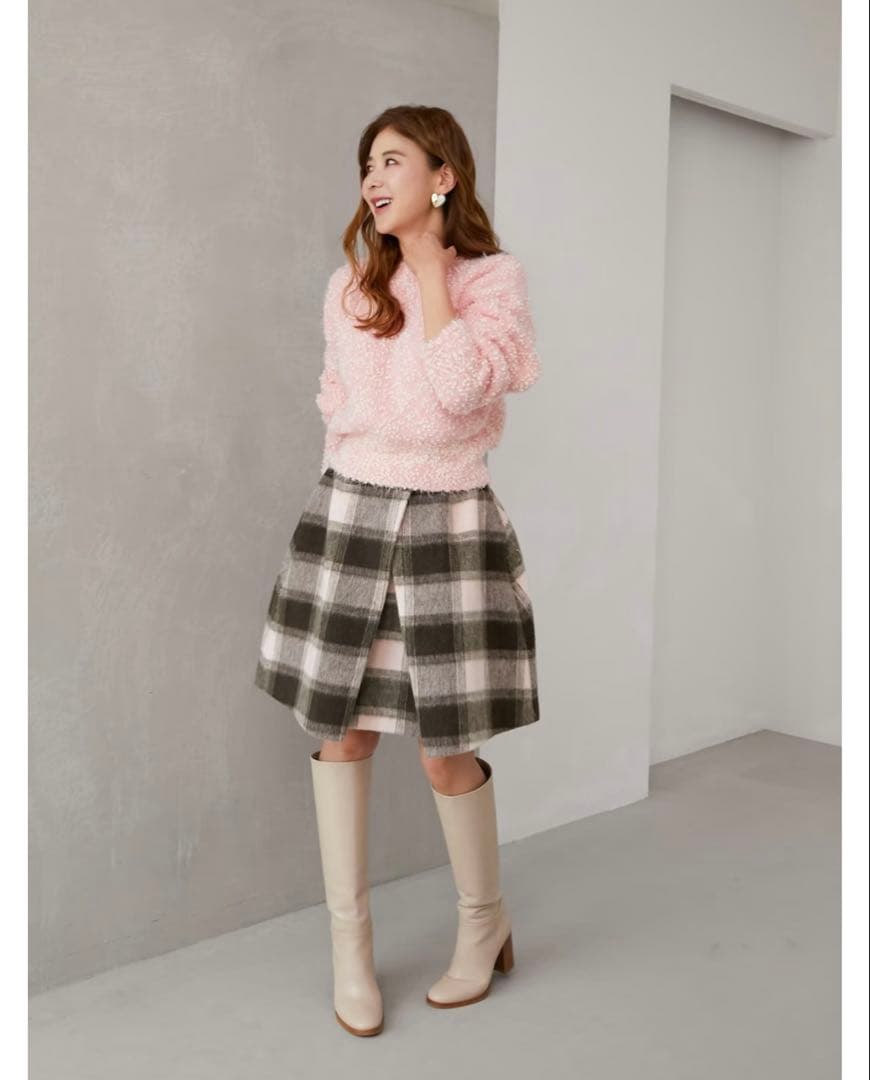 タグ付き新品未使用、obli、オブリ、シャギーブロックチェックスカート、ピンク