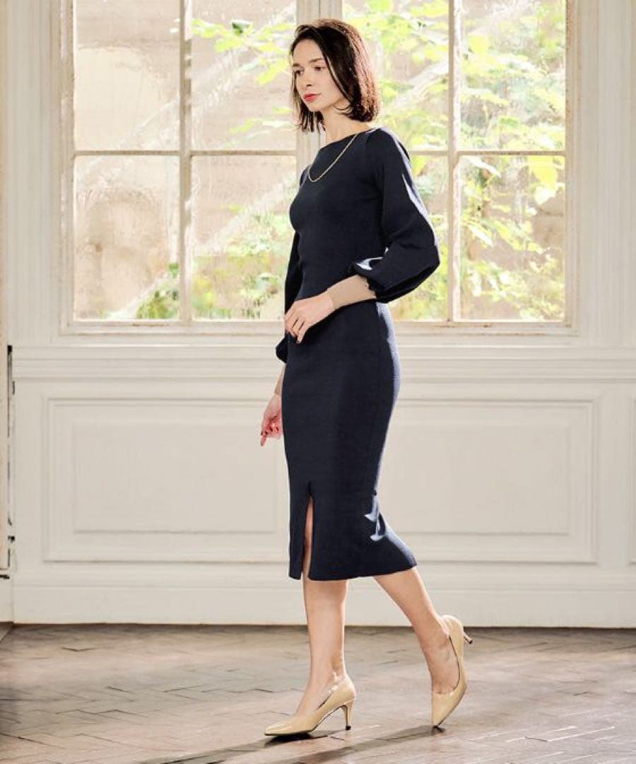 JENNE 配色カフスニットワンピース　ネイビー　S