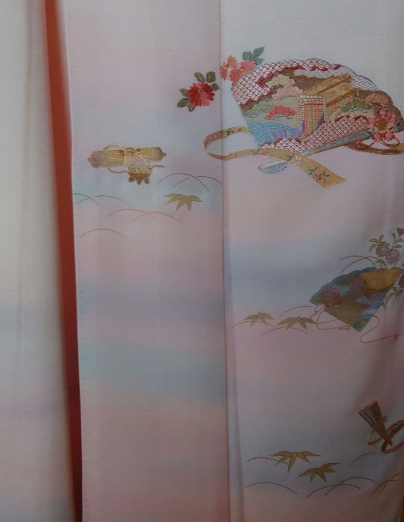 【美品】訪問着フルセット　正絹　袷　桜色　扇面草花文様　唐織六通袋帯