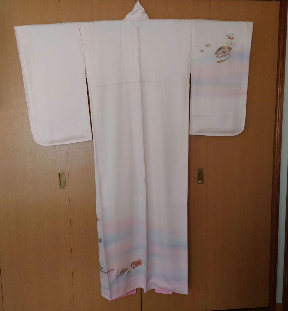【美品】訪問着フルセット　正絹　袷　桜色　扇面草花文様　唐織六通袋帯