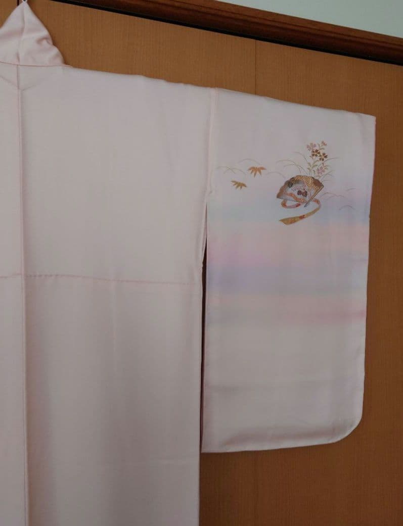 【美品】訪問着フルセット　正絹　袷　桜色　扇面草花文様　唐織六通袋帯