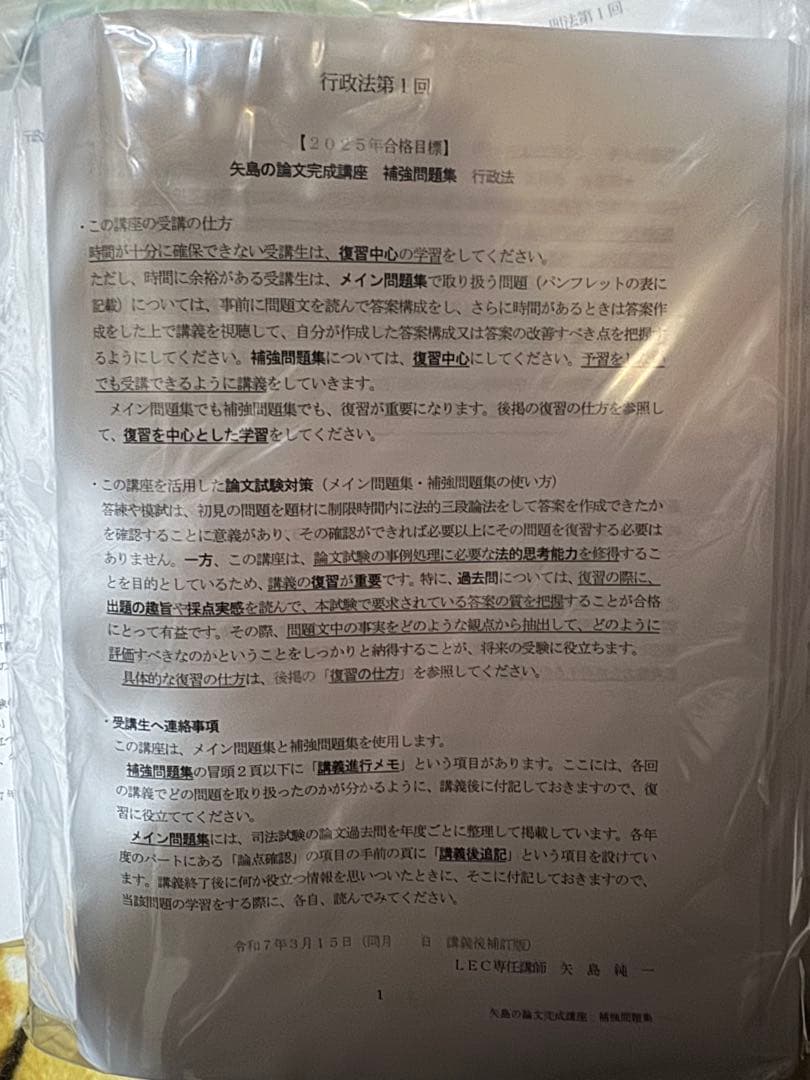 最新版LEC 司法論文矢島の論文完成講座レジュメ2025年合格　予備試験司法試験