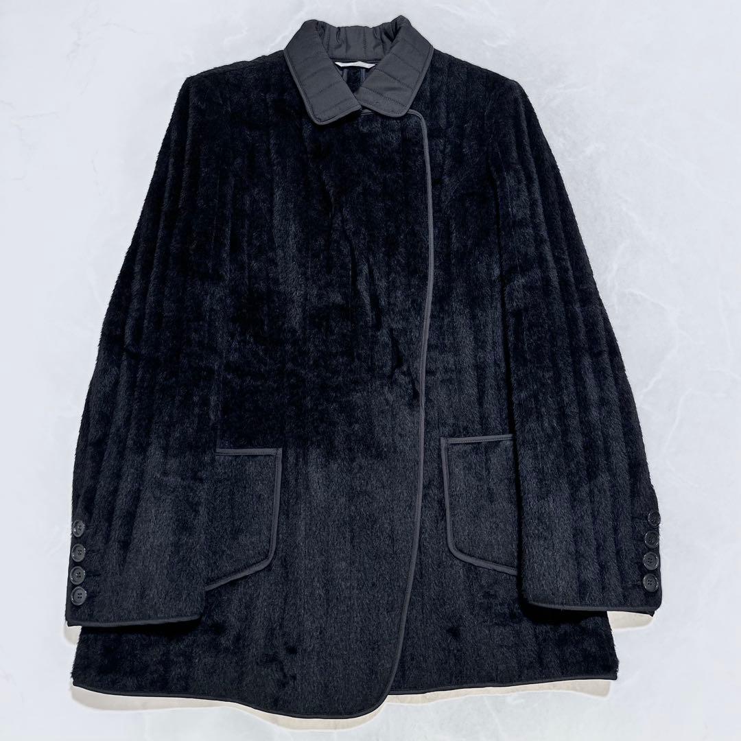 4XL相当✨MaxMara アルパカウール シャギーハーフコート 白タグ 黒48