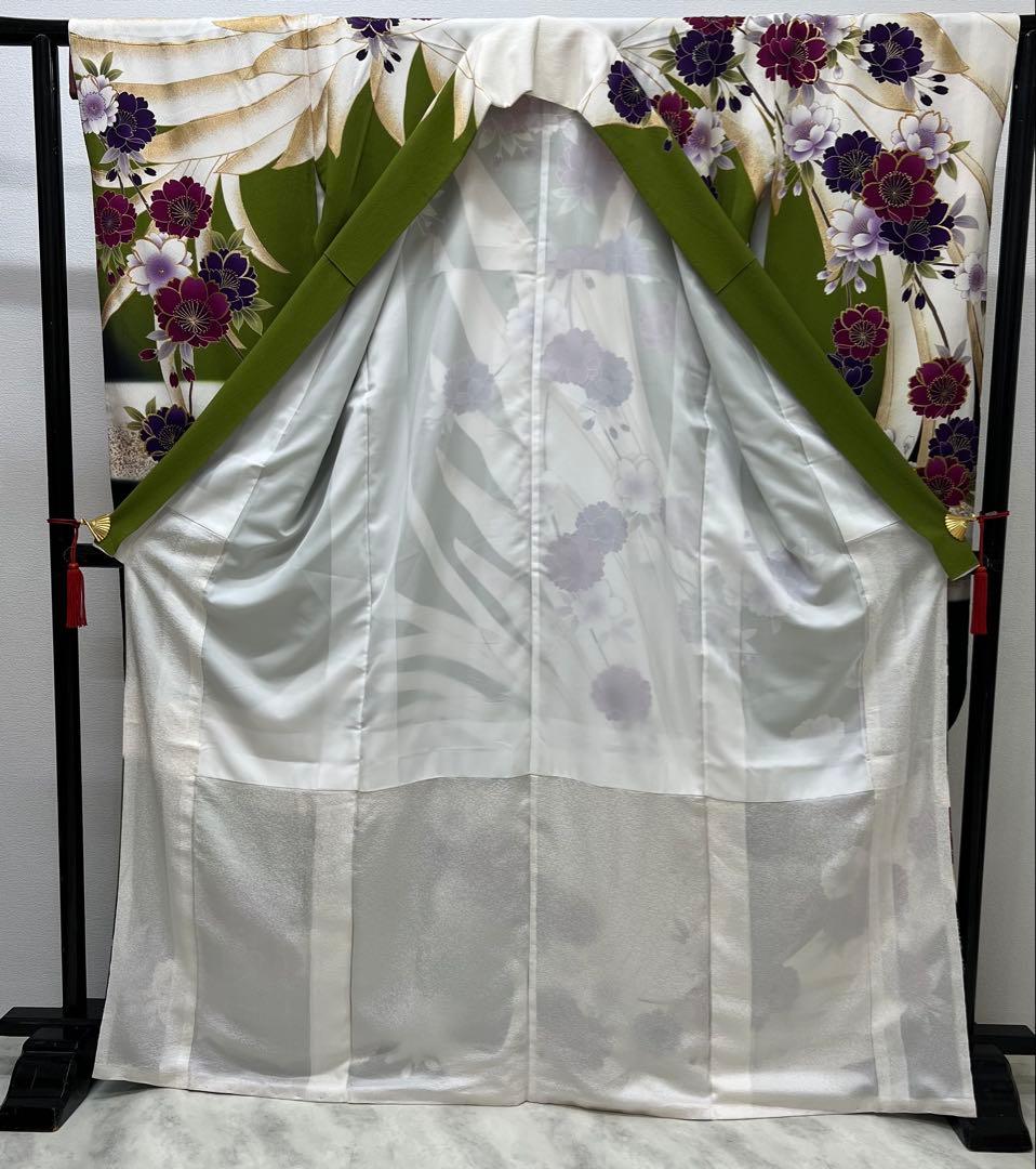 振り袖　フルセット　別誂長襦袢　成人式　白　緑　金彩加工　刺繍入り　722