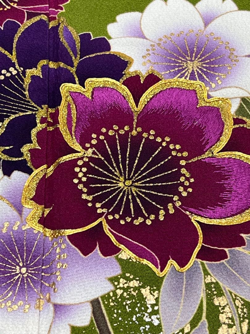 振り袖　フルセット　別誂長襦袢　成人式　白　緑　金彩加工　刺繍入り　722